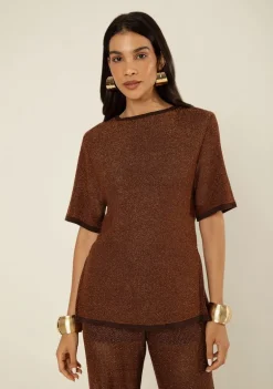 Blusa Morena Rosa Solta Decote Careca Manga Curta Padrão Marrom