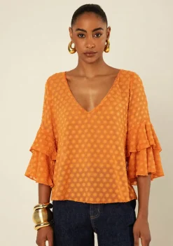 Blusa Morena Rosa Solta Decote V Manga 7 Oitavos Padrão Laranja