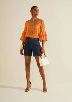 Blusa Morena Rosa Solta Decote V Manga 7 Oitavos Padrão Laranja