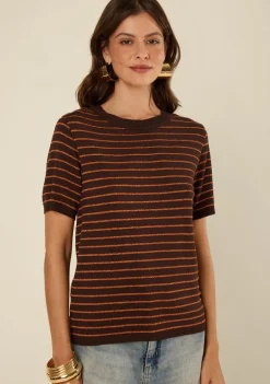 Blusa Morena Rosa Solta Decote Careca Manga Curta Padrão Marrom