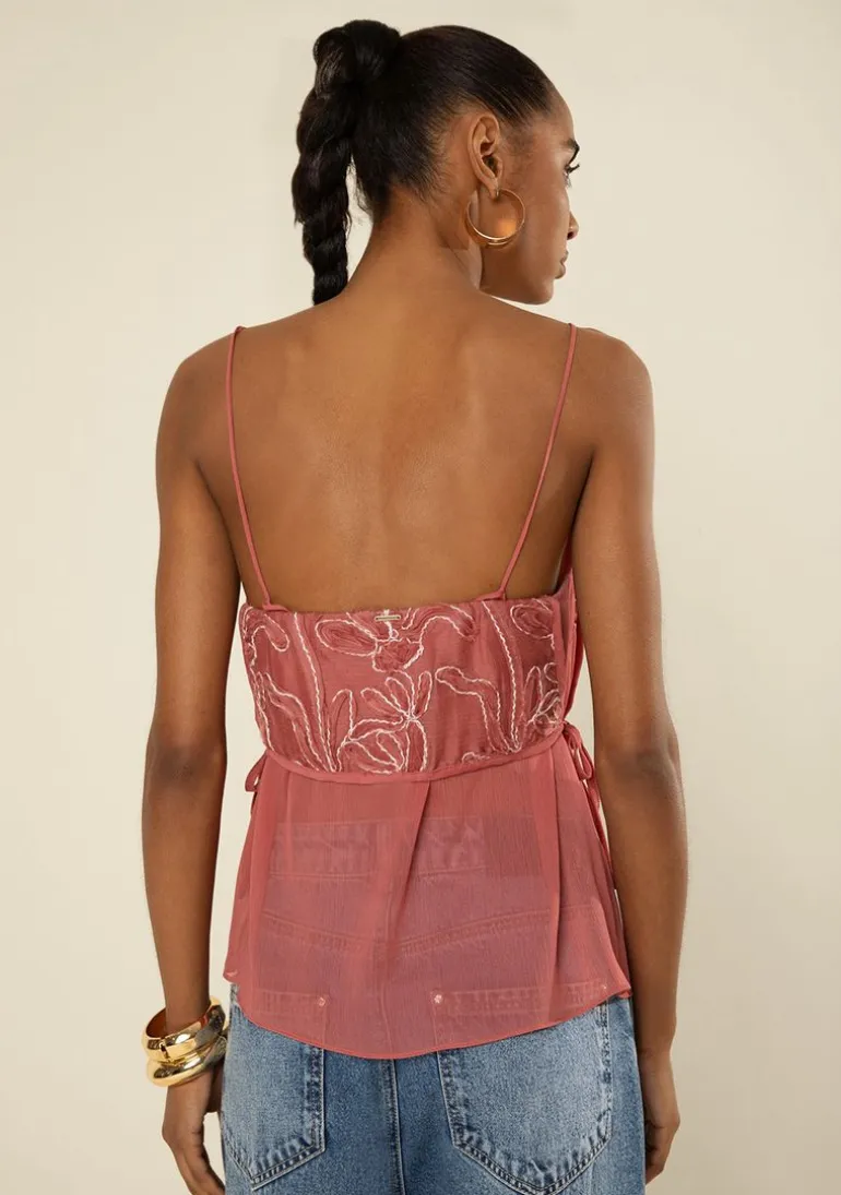 Blusa Morena Rosa Solta Decote V Sem Manga Padrão Rosa