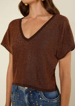 Blusa Morena Rosa Solta Decote V Manga Curta Padrão Marrom