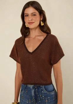 Blusa Morena Rosa Solta Decote V Manga Curta Padrão Marrom