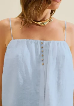 Blusa Morena Rosa Solta Decote Reto Sem Manga Padrão Azul