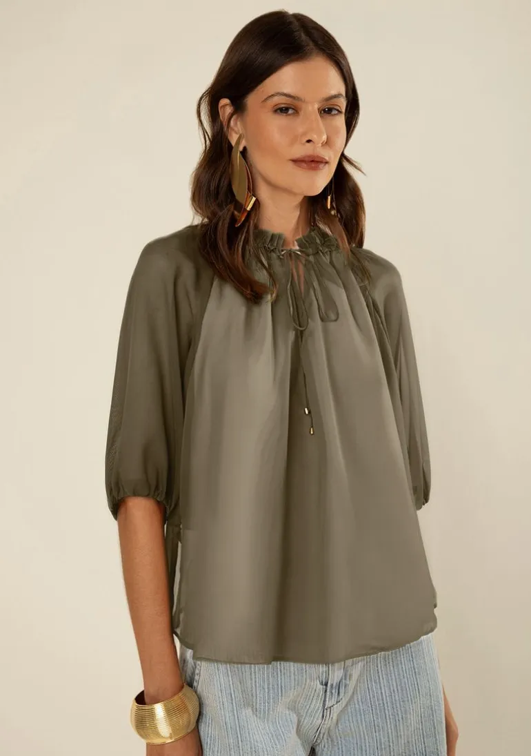 Blusa Morena Rosa Solta Decote V Manga 3 Quartos Padrão Verde