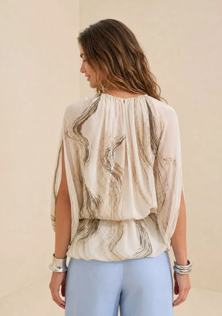 Blusa Morena Rosa Solta Decote V Manga Longa Padrão Off White