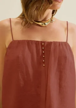 Blusa Morena Rosa Solta Decote Reto Sem Manga Padrão Marrom