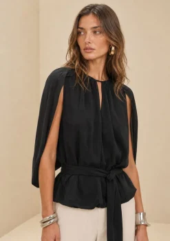 Blusa Morena Rosa Solta Decote V Manga Longa Padrão Preto