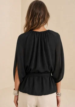 Blusa Morena Rosa Solta Decote V Manga Longa Padrão Preto