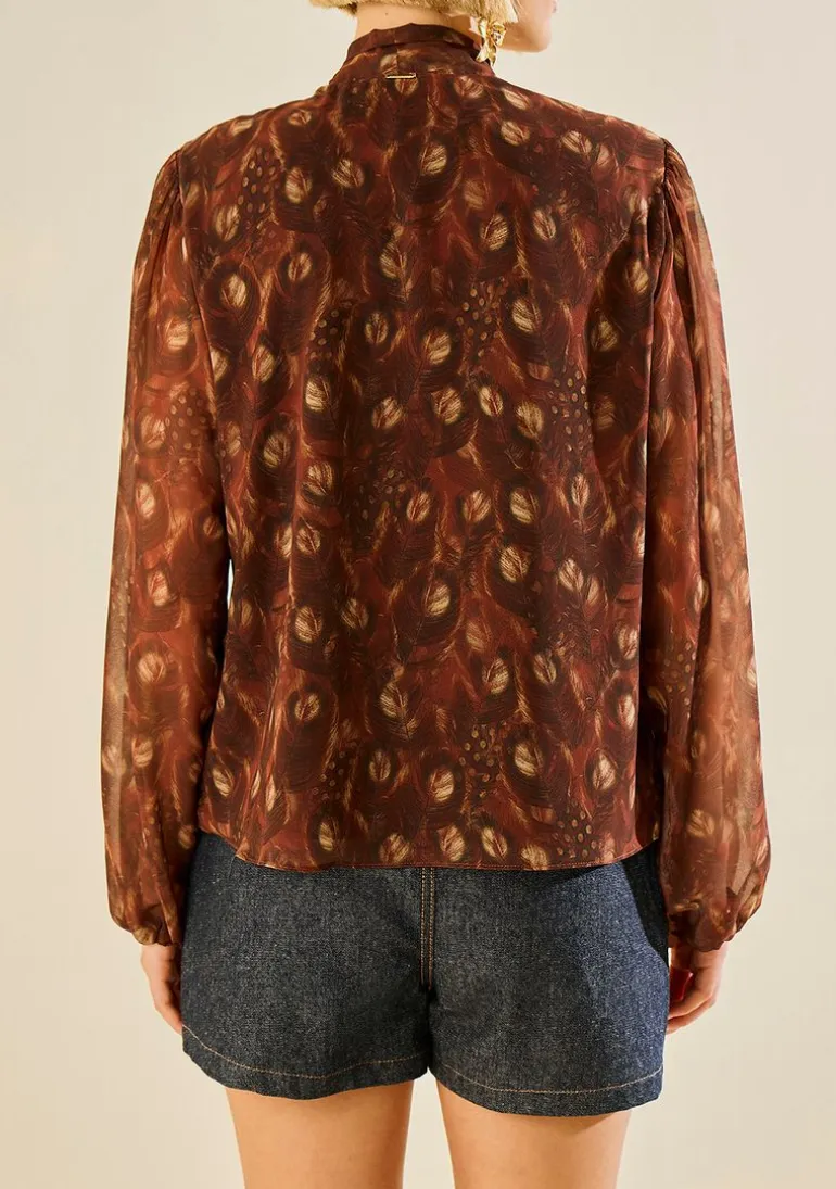 Blusa Morena Rosa Solta Decote V Manga Longa Padrão Marrom