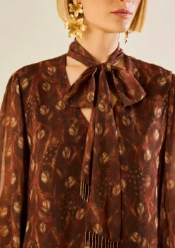 Blusa Morena Rosa Solta Decote V Manga Longa Padrão Marrom
