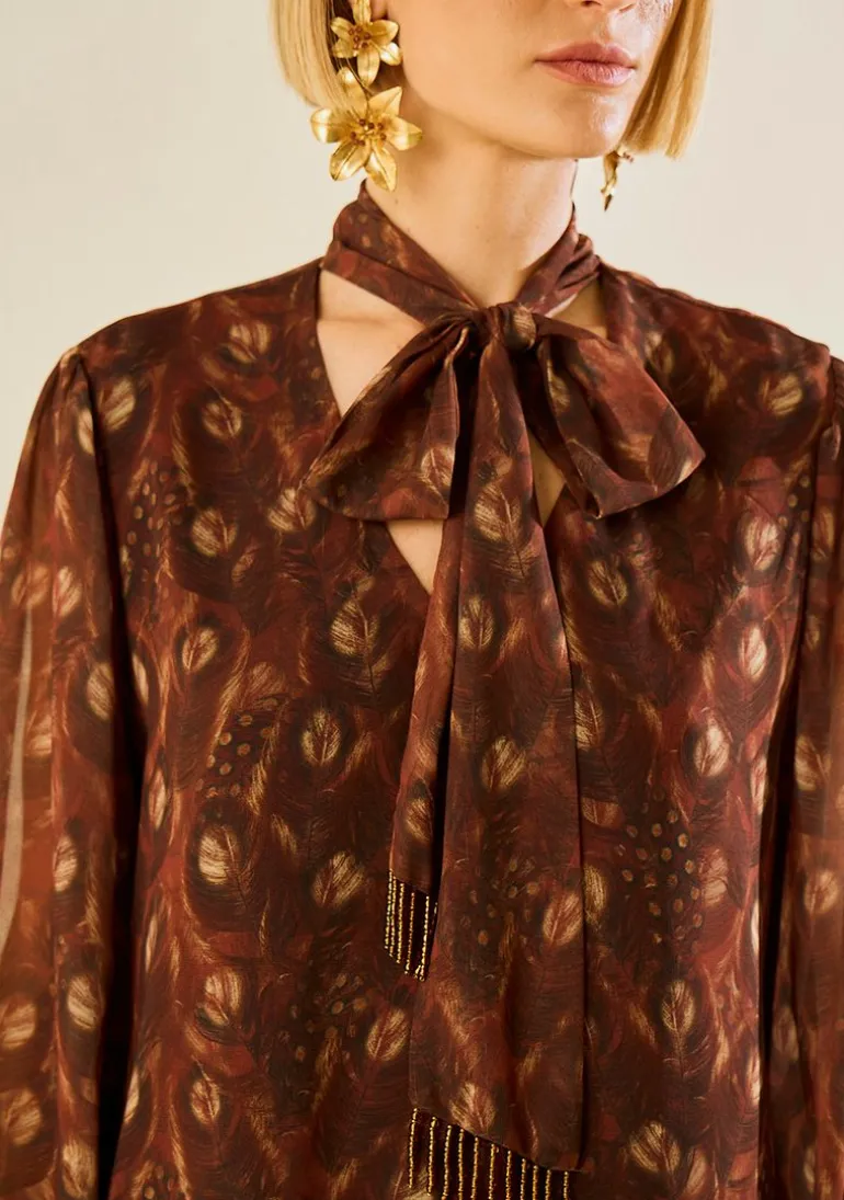 Blusa Morena Rosa Solta Decote V Manga Longa Padrão Marrom