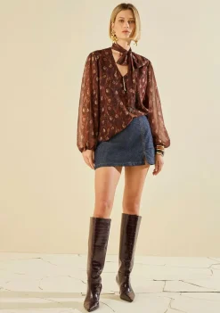 Blusa Morena Rosa Solta Decote V Manga Longa Padrão Marrom
