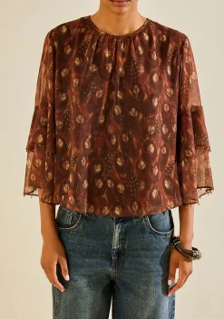 Blusa Morena Rosa Solta Decote Careca Manga Longa Padrão Marrom