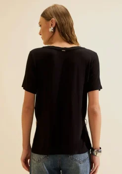 Blusa Morena Rosa Solta Decote Careca Manga Curta Padrão Preto