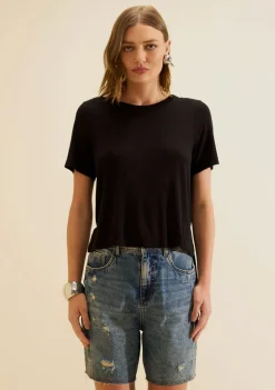 Blusa Morena Rosa Solta Decote Careca Manga Curta Padrão Preto