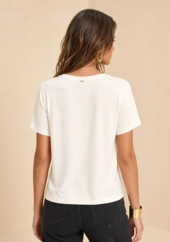 Blusa Morena Rosa Solta Decote Careca Manga Curta Padrão Off White