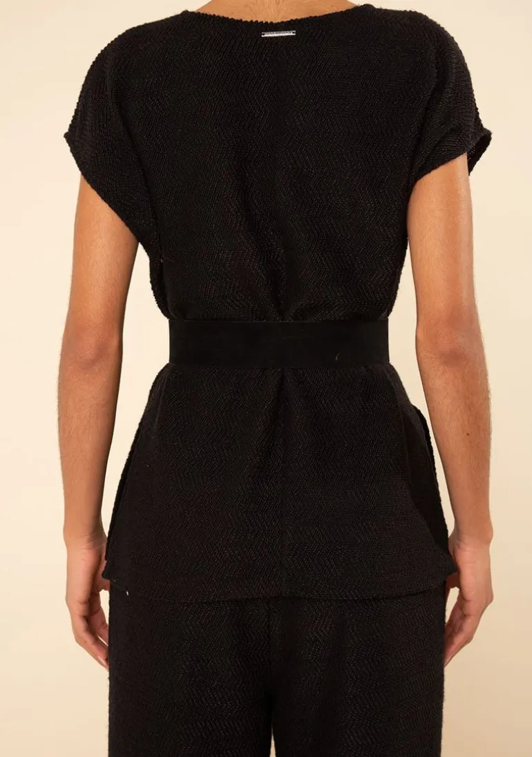 Blusa Morena Rosa Solta Decote V Manga Curta Padrão Preto