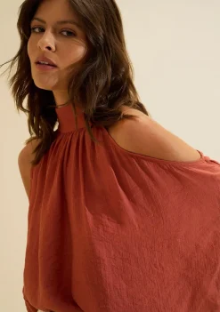 Blusa Morena Rosa Solta Gola Alta Manga Longa Padrão Marrom