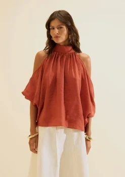 Blusa Morena Rosa Solta Gola Alta Manga Longa Padrão Marrom
