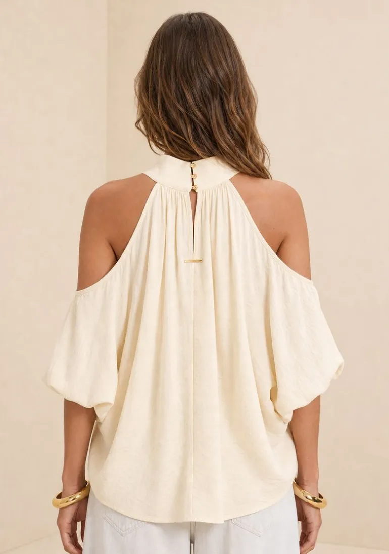 Blusa Morena Rosa Solta Gola Alta Manga Longa Padrão Bege