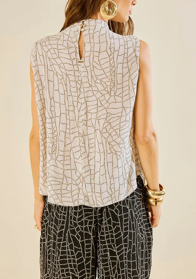 Blusa Morena Rosa Solta Gola Alta Sem Manga Alongada Off White