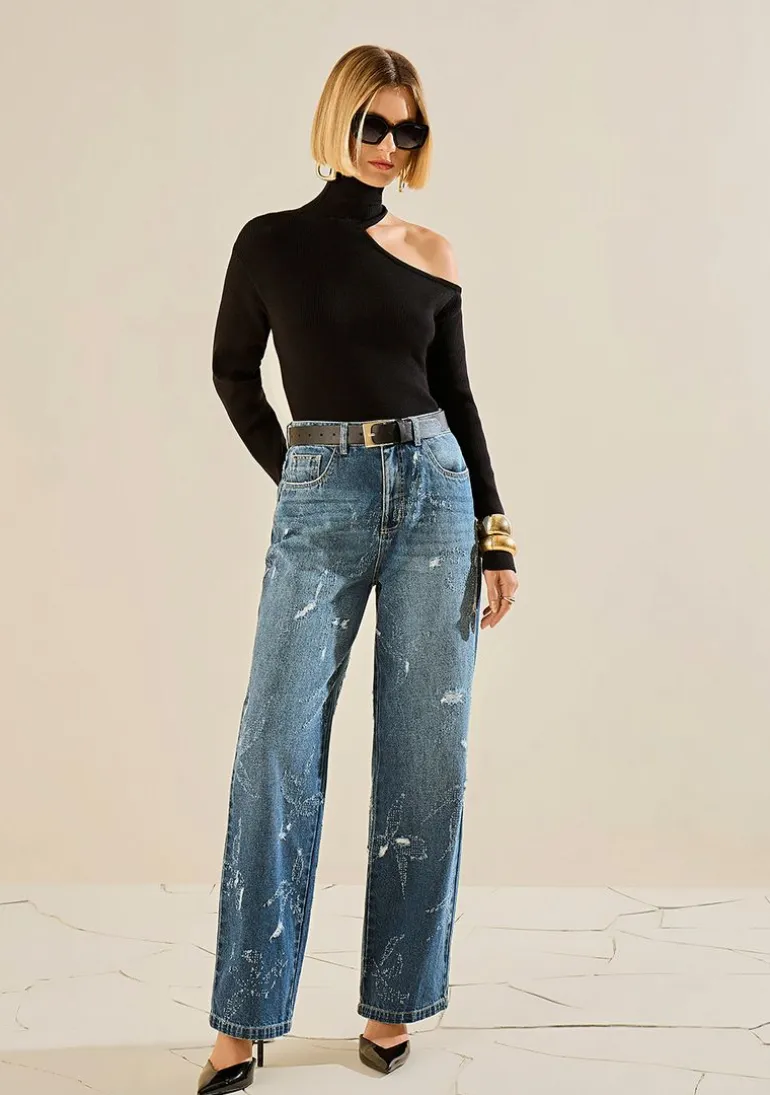 Blusa Morena Rosa Solta Gola Alta Manga Longa Padrão Preto
