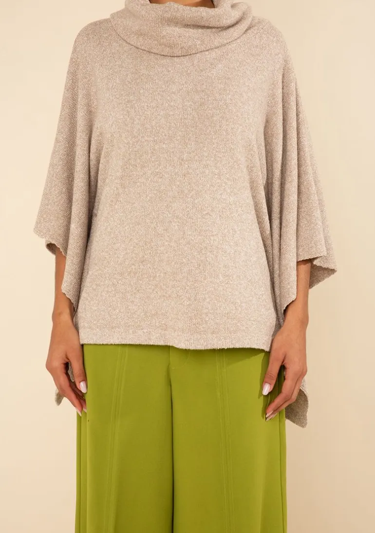Blusa Morena Rosa Solta Gola Alta Manga 7 Oitavos Padrão Bege