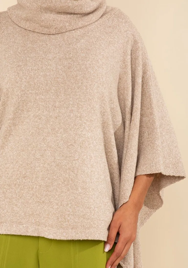 Blusa Morena Rosa Solta Gola Alta Manga 7 Oitavos Padrão Bege