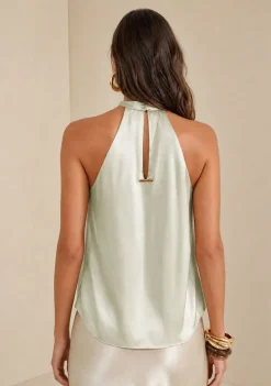 Blusa Morena Rosa Solta Gola Alta Sem Manga Padrão Verde