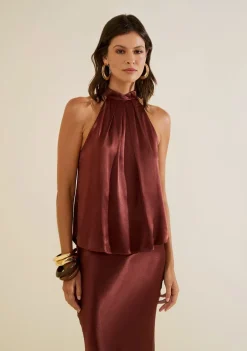 Blusa Morena Rosa Solta Gola Alta Sem Manga Padrão Marrom
