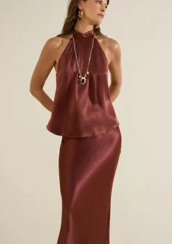 Blusa Morena Rosa Solta Gola Alta Sem Manga Padrão Marrom