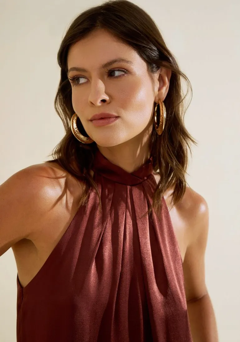Blusa Morena Rosa Solta Gola Alta Sem Manga Padrão Marrom