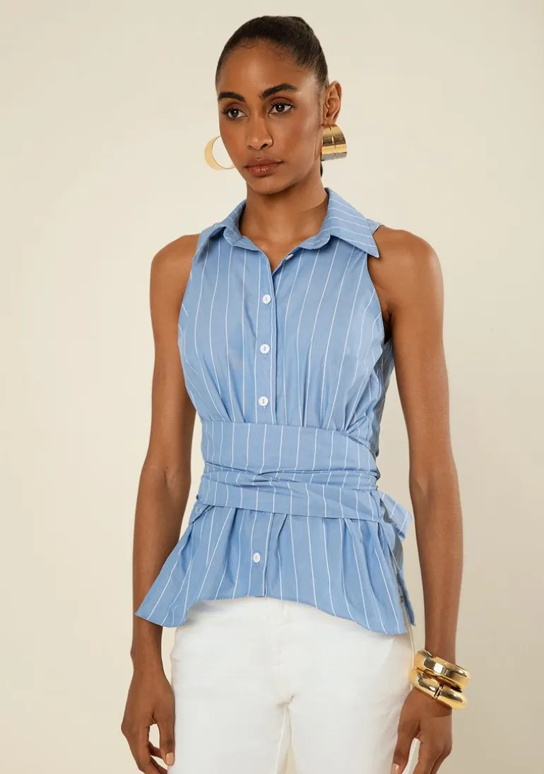 Blusa Morena Rosa Solta Gola Clássica Sem Manga Padrão Azul Escuro