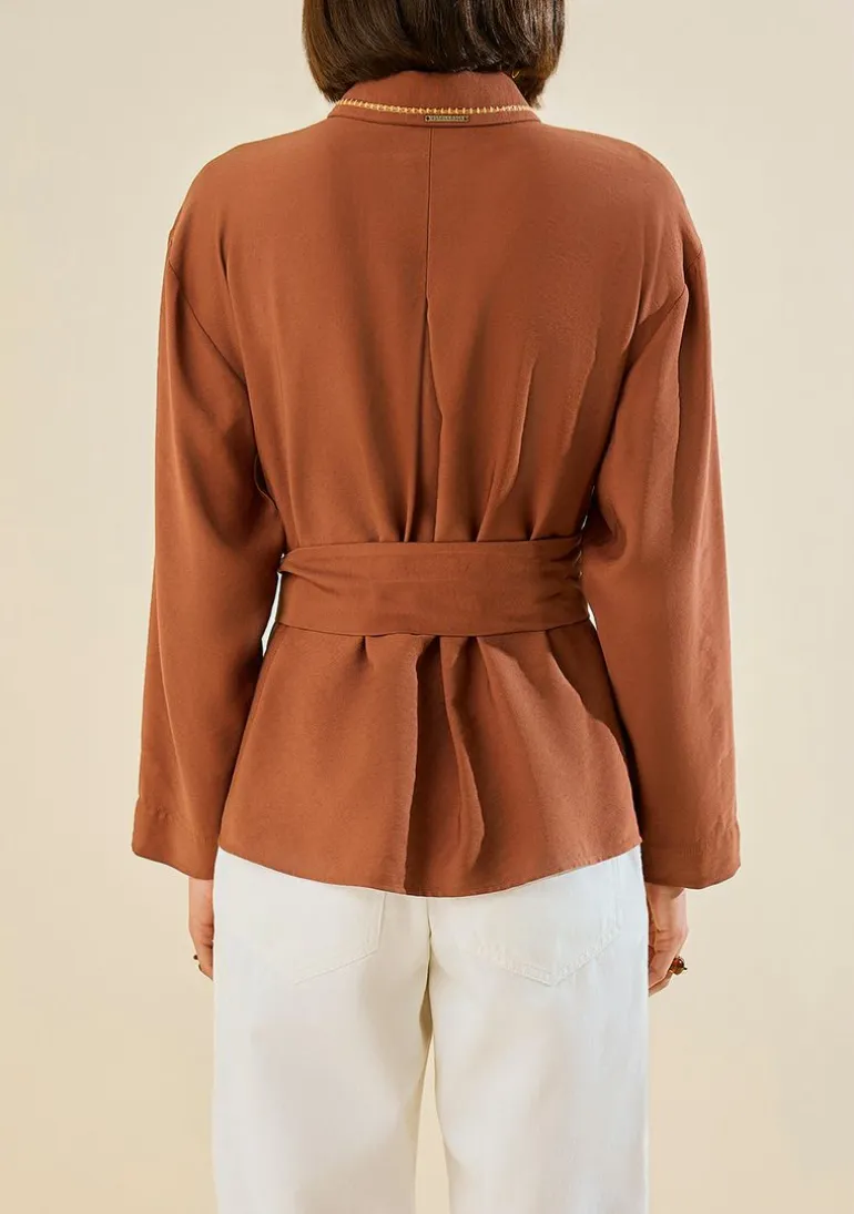 Blusa Morena Rosa Solta Gola Clássica Manga Longa Padrão Marrom