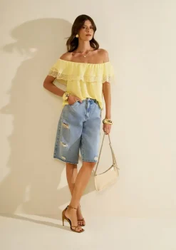 Blusa Morena Rosa Solta Ombro A Ombro Sem Manga Padrão Amarelo