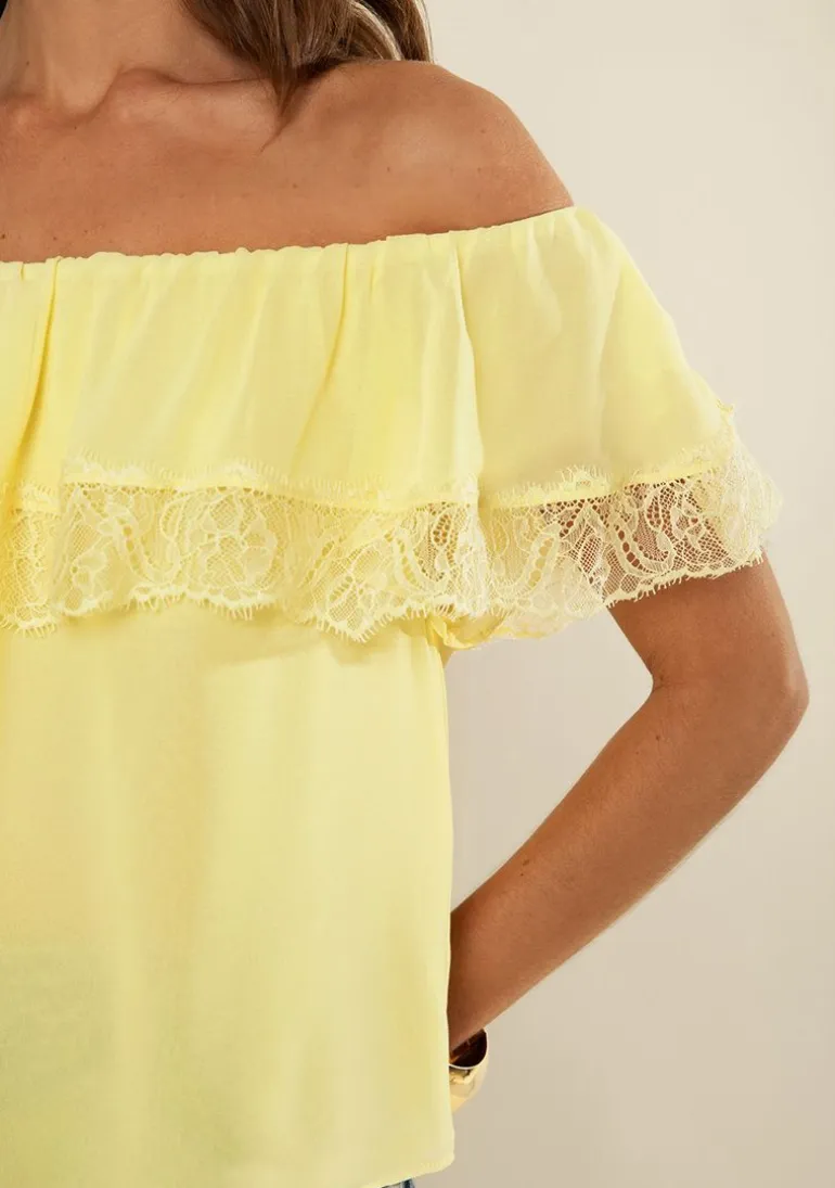 Blusa Morena Rosa Solta Ombro A Ombro Sem Manga Padrão Amarelo