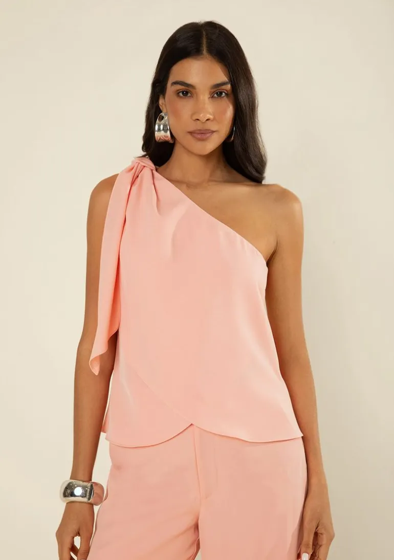 Blusa Morena Rosa Solta Um Ombro Só Sem Manga Padrão Rosa