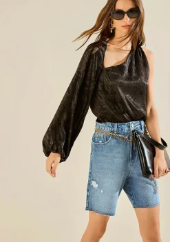 Blusa Morena Rosa Solta Um Ombro Só Manga Longa Padrão Preto