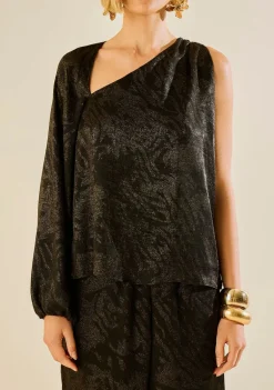 Blusa Morena Rosa Solta Um Ombro Só Manga Longa Padrão Preto