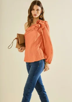 Blusa Morena Rosa Solta Um Ombro Só Manga Longa Padrão Marrom
