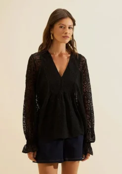 Blusa Renda Manga Longa Safra Preto