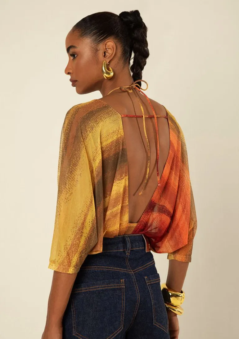 Body Morena Rosa Decote Costas Manga 3 Quartos Laranja/Amarelo