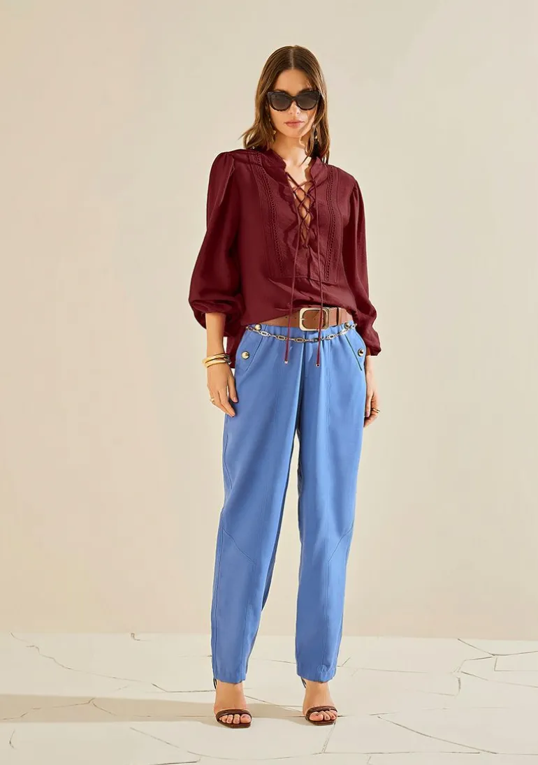 Calça Morena Rosa Cenoura Alta Azul