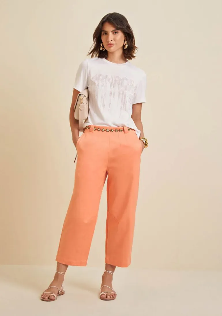 Calça Morena Rosa Pantacourt Cós Alto Com Cinto Rosa