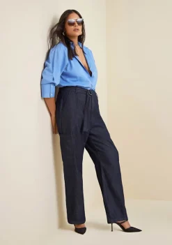 Calça Morena Rosa Reta Cós Alto Com Cinto Jeans