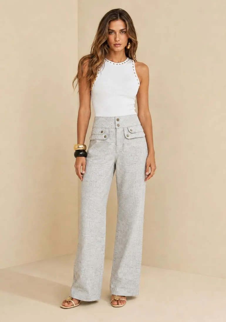 Calça Pantalona Alta Bege