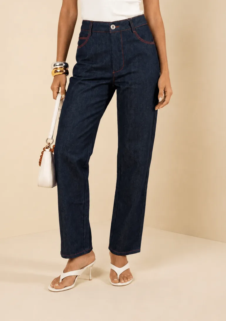 Calça Reta Alta Azul
