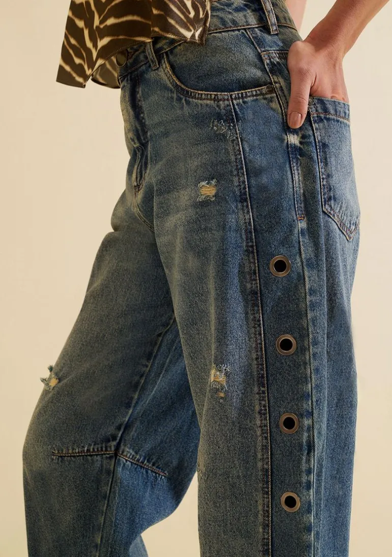 Calca Jeans Cenoura Favo Azul