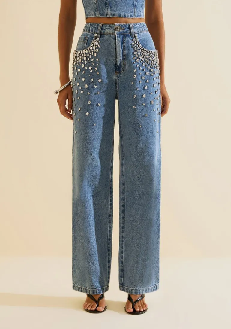 Calca Jeans Wide Cintila Azul
